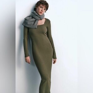 ZARA Olive Green Midi‎ Long Sleeve Knit Dress size S